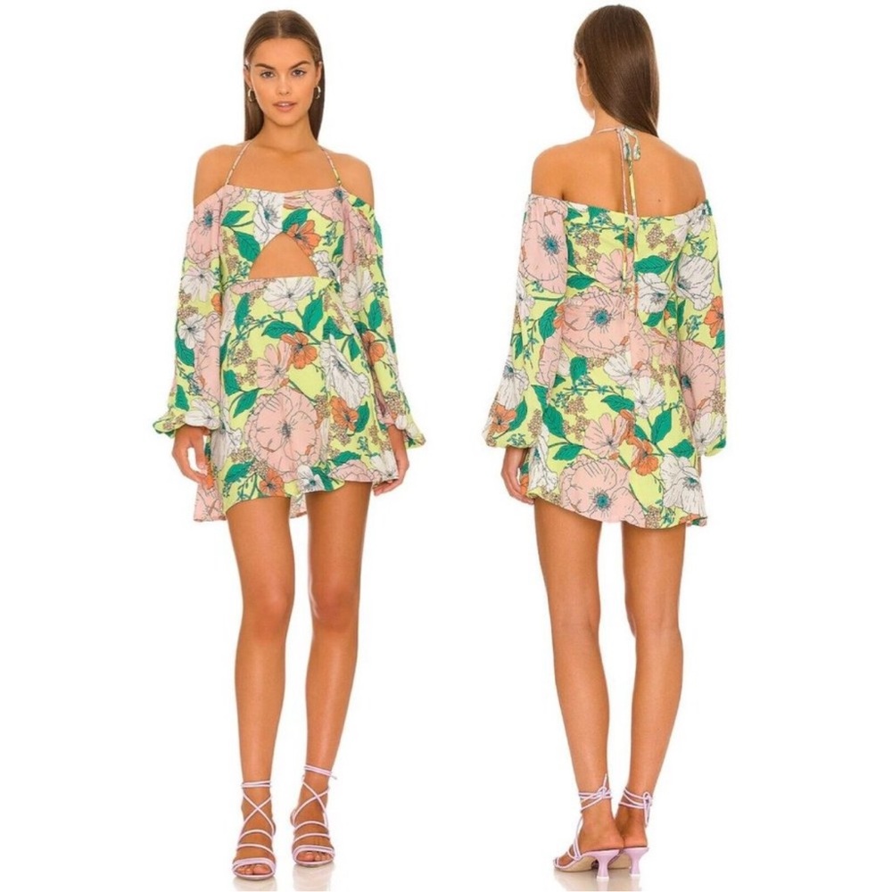 AFRM Dolly Mini Dress Spring Lime Bouquet Off Shoulder Floral Flowy Cutout Sz XL